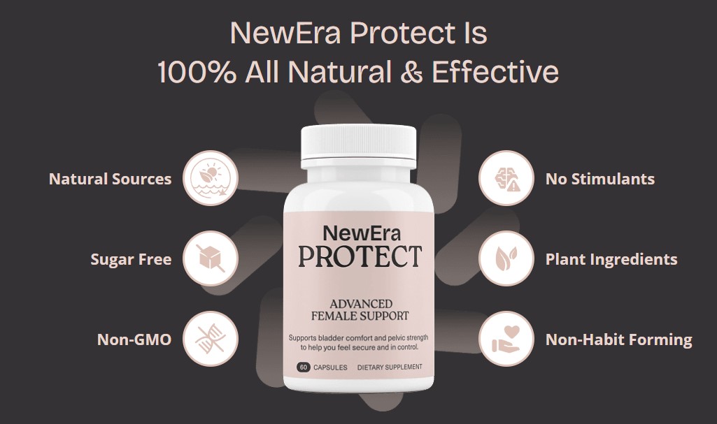 NewEra Protect all-natural female bladder and pelvic support supplement bottle with icons showing natural sources, sugar-free, non-GMO, plant ingredients, no stimulants, and non-habit forming.
