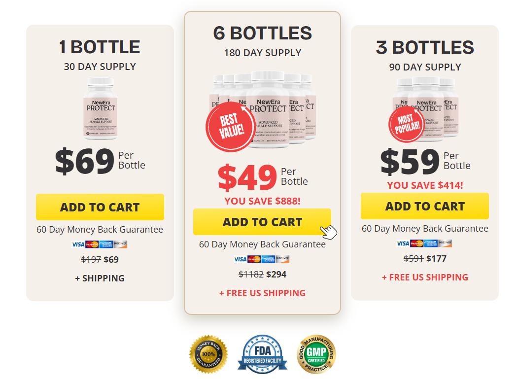 NewEra Protect pricing options showing 1 bottle for $69, 3 bottles for $59 each, and 6 bottles for $49 each with free US shipping and 60-day money-back guarantee.